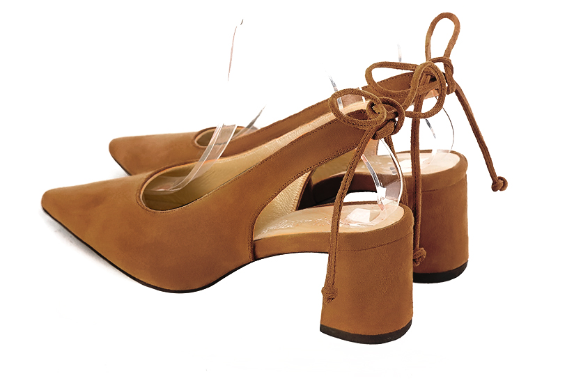 Caramel brown women's slingback shoes. Pointed toe. Medium flare heels. Rear view - Florence KOOIJMAN